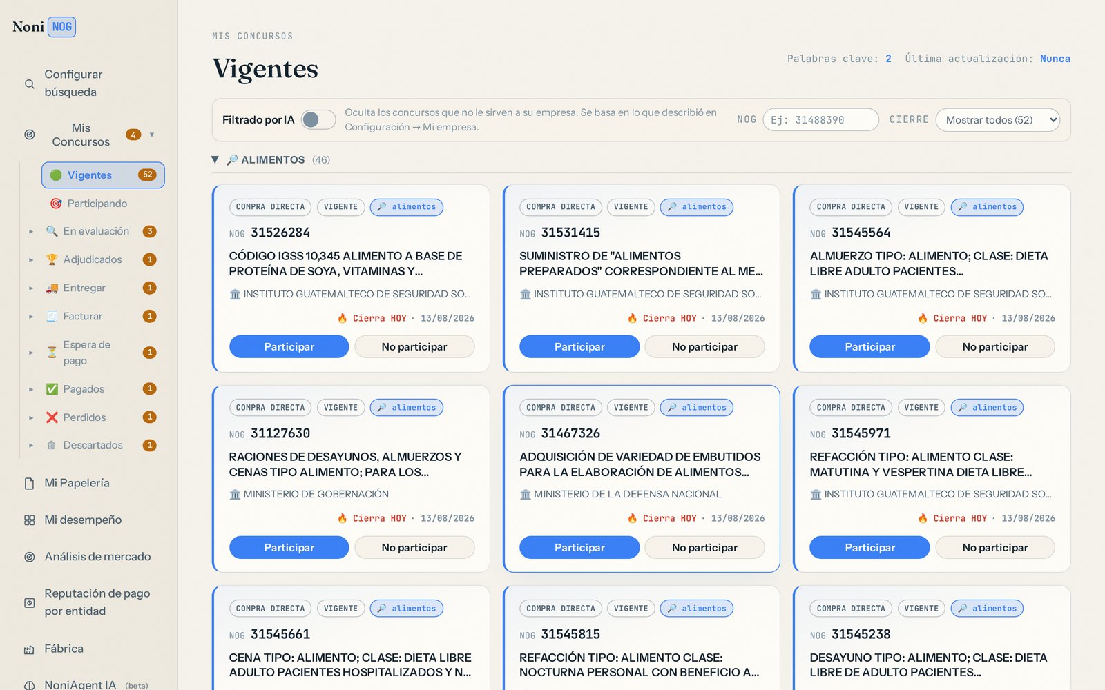 Alertas de Guatecompras en NoniNOG: concursos vigentes con NOG, entidad convocante y fecha de cierre